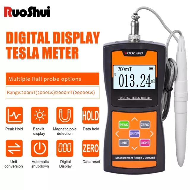 Digital Tesla Meter Gauss Meter Surface Magnetic Field Tester 2% High Accuracy