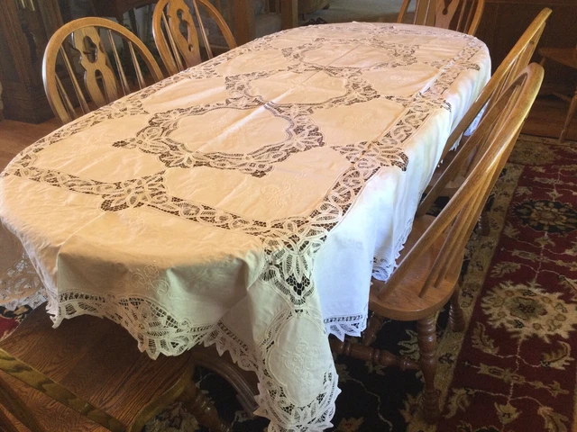 100% cotton 68"x102" rectangle battenburg lace tablecloth New white W 12 napkins
