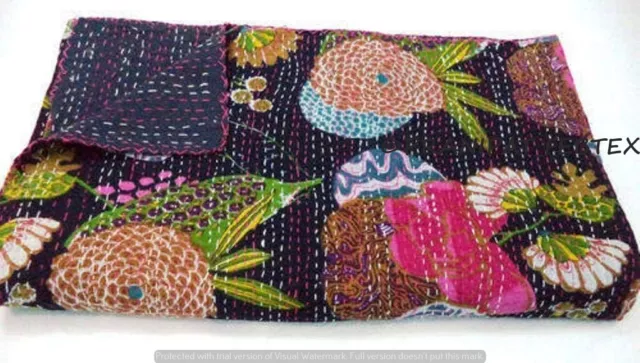 Indien Kantha Couette Imprimé Tropical Noir Reine Coton Couvre-Lit Jeté de Lit