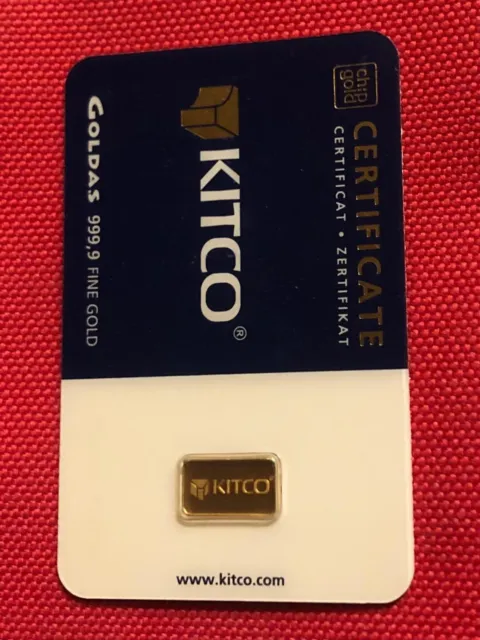 1 gram KITCO (by Goldas) 999,9 Fine Gold Swiss Bar in Sealed Assay Card