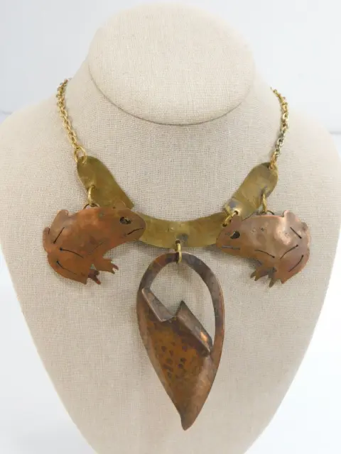 Vintage Gourdji Copper Gold Tone Frog Necklace Modernist Brutalist Tribal