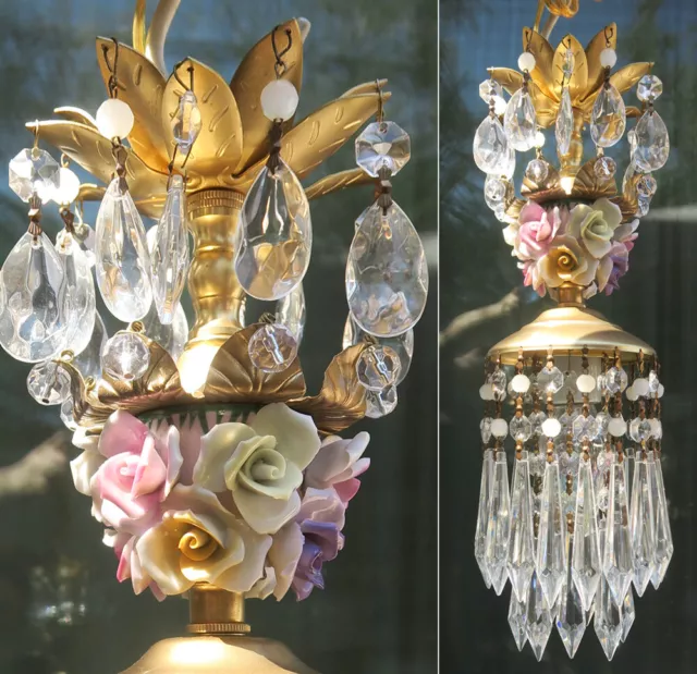 Porcelain Rose Brass tole chandelier SWAG vintage lamp crystal beaded purple