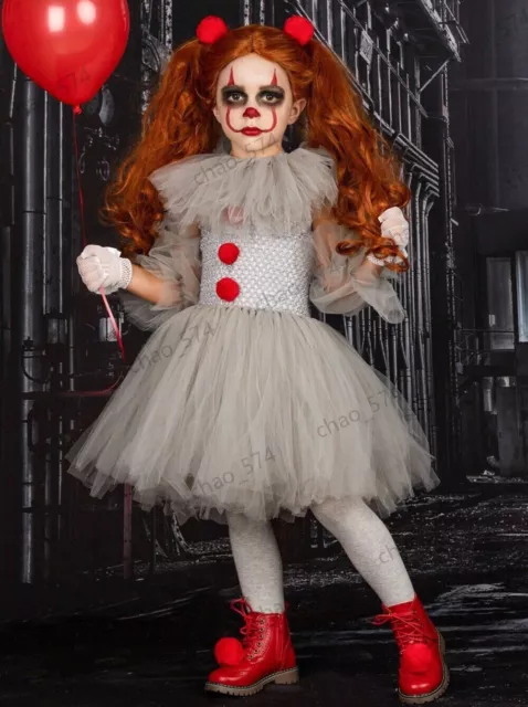 👽 Kids Girls Pennywise Clown Fancy Dress Party Halloween Cosplay Costume Outfit