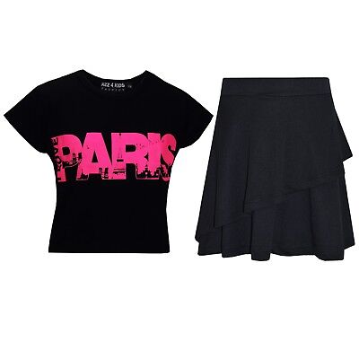 Kids Girls Tops Paris Black Crop Top & Double Layer Skater Skirt Set 7-13 Years