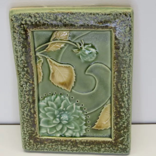 Artist Signed Art Pottery Ceramic Wall Tile Plaque Carved Floral & Leaf Relief