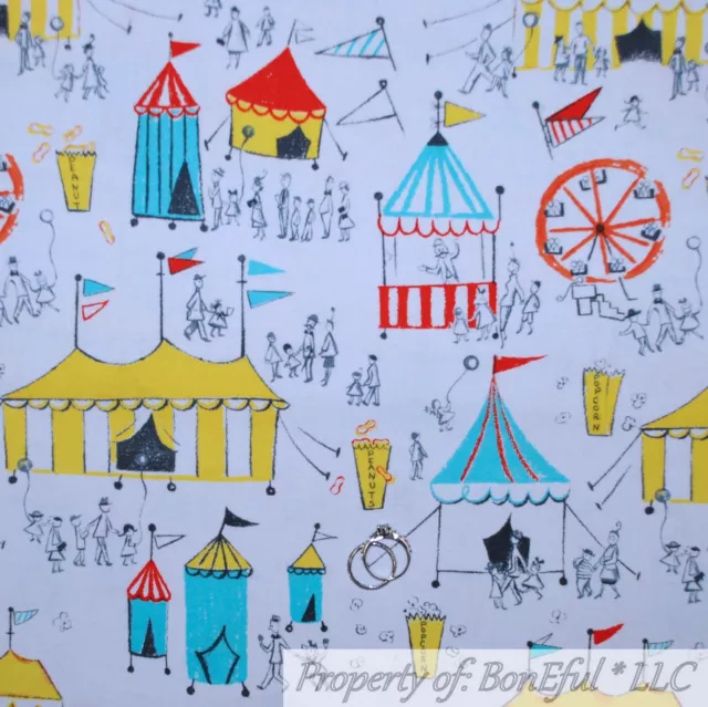 BonEful FABRIC FQ Cotton Quilt White Red Blue Stripe Yellow Circus Tent People