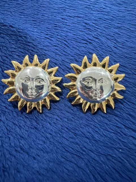 Vtg Sergio Bustamante Sterling 925 Gold Overlay Sun Pierced Stud Earrings, 19.9g