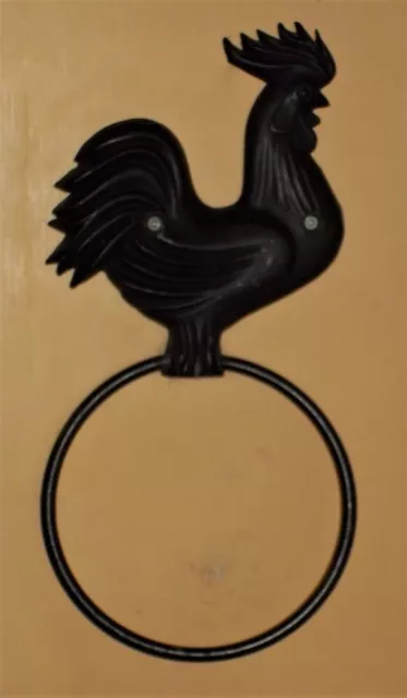 Rooster Towel Ring Loop Hanger black steel chipped paint, strong, chicken decor