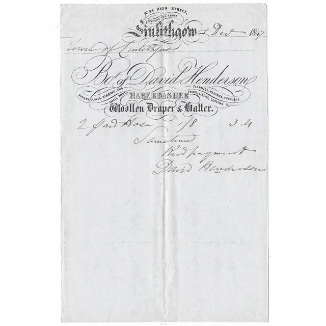 1847 Billhead, David Henderson, Haberdasher, Woollen Draper, LINLITHGOW