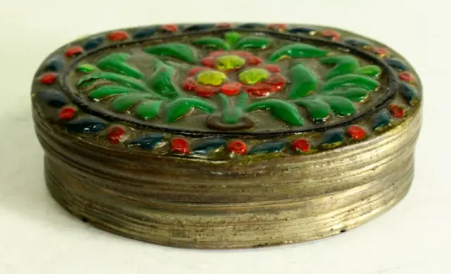 = Antique 1800's Oval Silvered Brass Snuff Box with Enameled Flowers