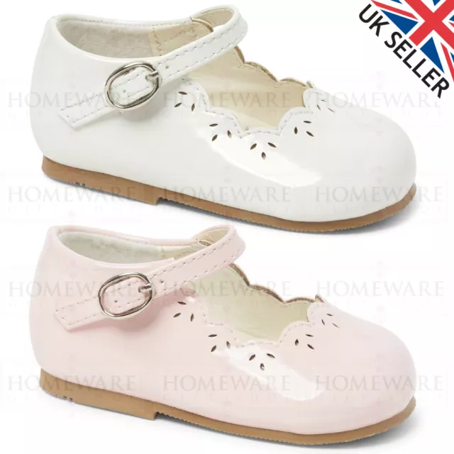 Baby Girls Spanish Style Shoes Mary Jane Shiny Patent Pink White Designer Uk2-5