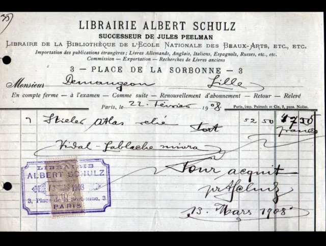 PARIS (V°) LIBRAIRIE "Jules PEELMAN / Albert SCHULZ" Facture en 1908