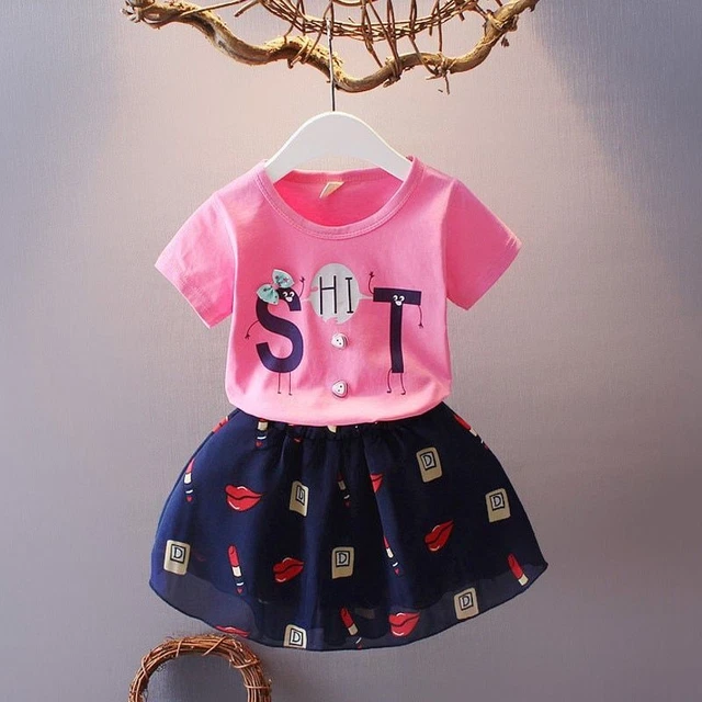 Ragazze Abbigliamento Set Manica Corta T Shirt E Chiffon Elastico Vita Mini