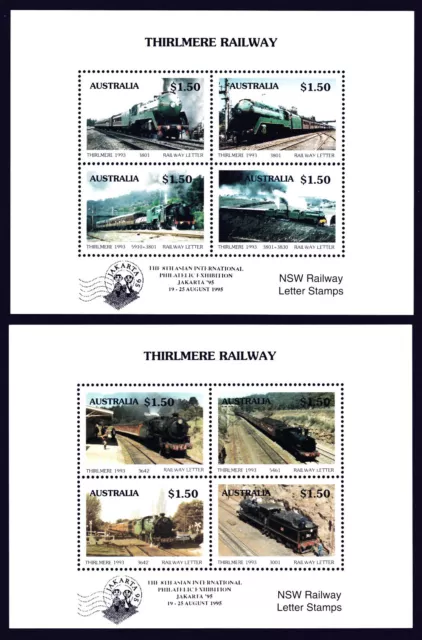 Australia 1995 Thirlmere Railway JAKARTA 95 set 2 local stamp mini sheets MNH