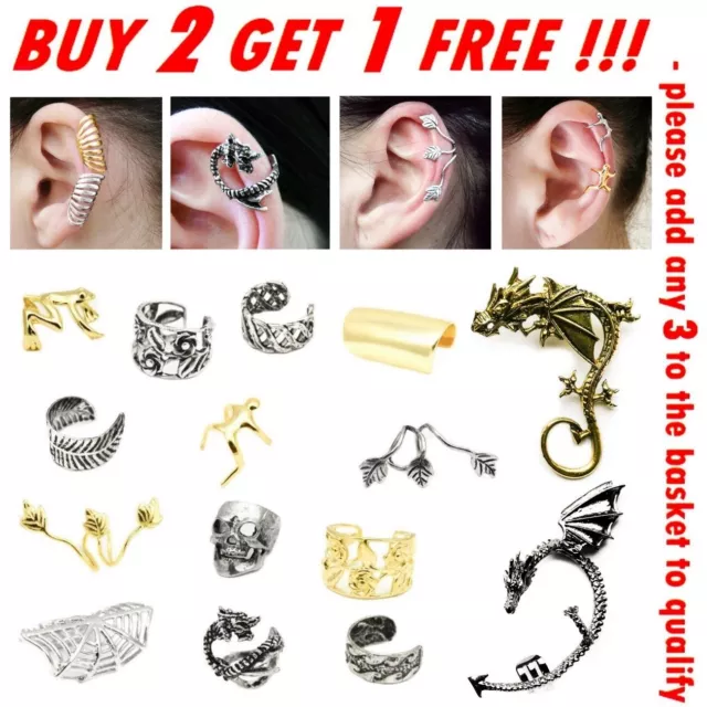 Ear Cuff Clip On Fake Earring Cartilage Helix Wrap Ring Set Gold Black Silver x1