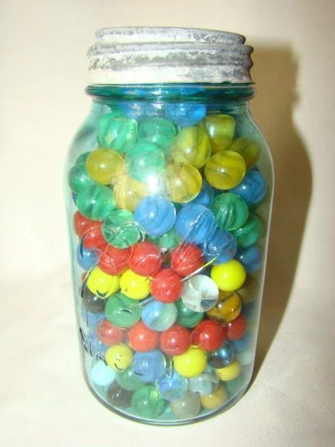 Antique 7" BALL PERFECT MASON Glass Canning Jar w/Zinc Lid, Filled w/ MARBLES