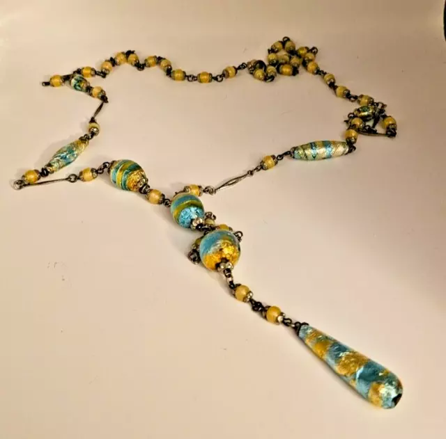 Murano foiled glass bead Necklace 1920's Glows under black light