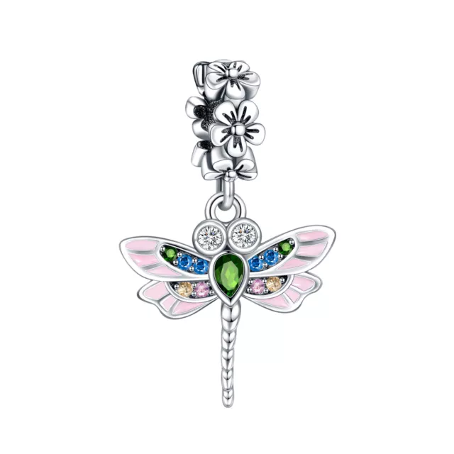 New Dragonfly Flower Color Stone Dangle Charm 925 Sterling Silver Bracelet Charm