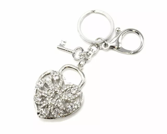 PT1426E - Porte-Clés / Bijou de Sac - Cadenas Coeur Ajouré Strass avec Clé Mé...