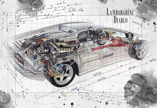 Line Tech Drawing  Lamborghini Diablo   Cutaway Art Poster Print