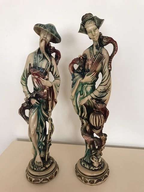 Vintage Resin Oriental Handmade Chinese Man And Woman Figurines