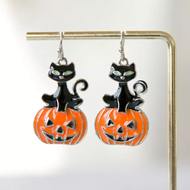 Halloween Orange Pumpkin Black Cat Hook Earrings Drop Dangle Women Party Jewelry