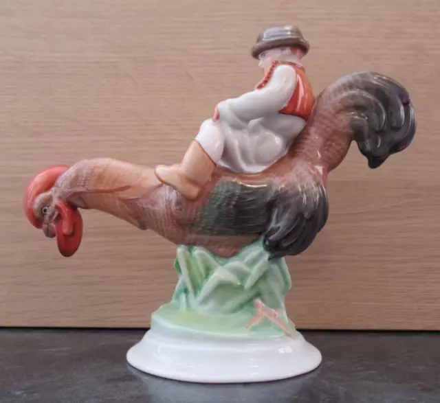 Herend Hungary Boy Riding A Rooster Ornament - Hand Painted / Perfect Condition