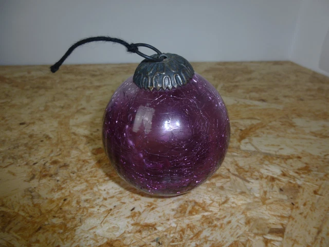 ANCIENNE BOULE DE Noel en Verre Eglomisé Craquelé diam 8 cm EUR 30,00