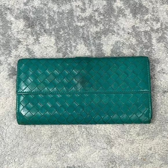 Bottega Veneta Intrecciato Woven Leather Long Continental Snap Wallet Green