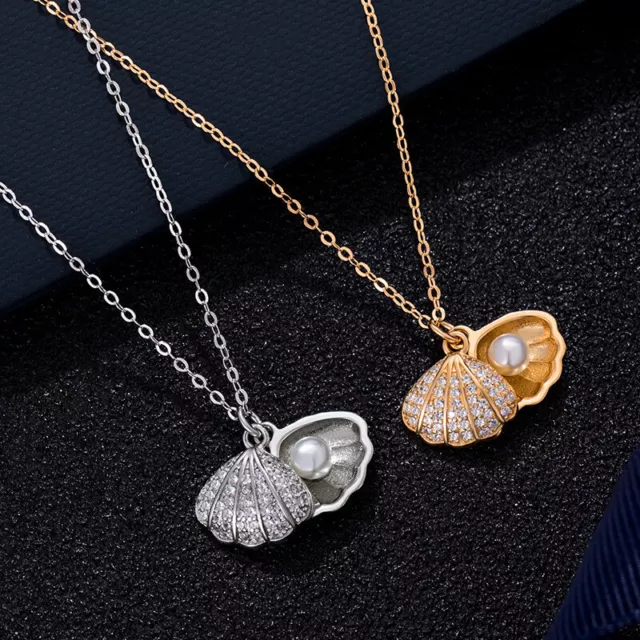 Women 925 Silver Pearl Shell Pendant Cubic Zirconia Necklace Wedding Jewelry