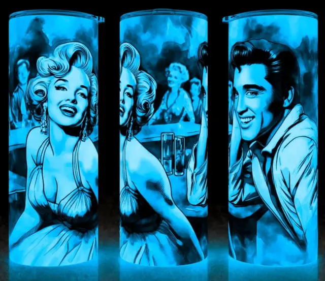 Glow in the Dark Elvis Presley & Marilyn Monroe Watercolor Cup Mug Tumbler 20oz