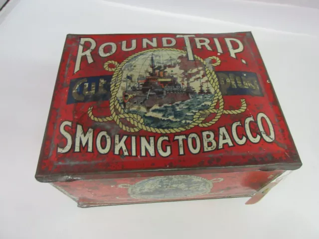 Vintage Advertising Empty  Round Trip Cut Plug  Tobacco Tin  243