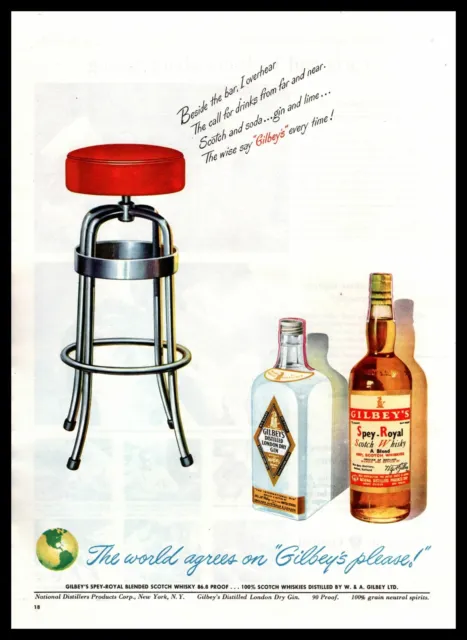 1948 Gilbey's Gin Spey-Royal Blended Scotch Whisky MCM Barstool Vintage Print Ad