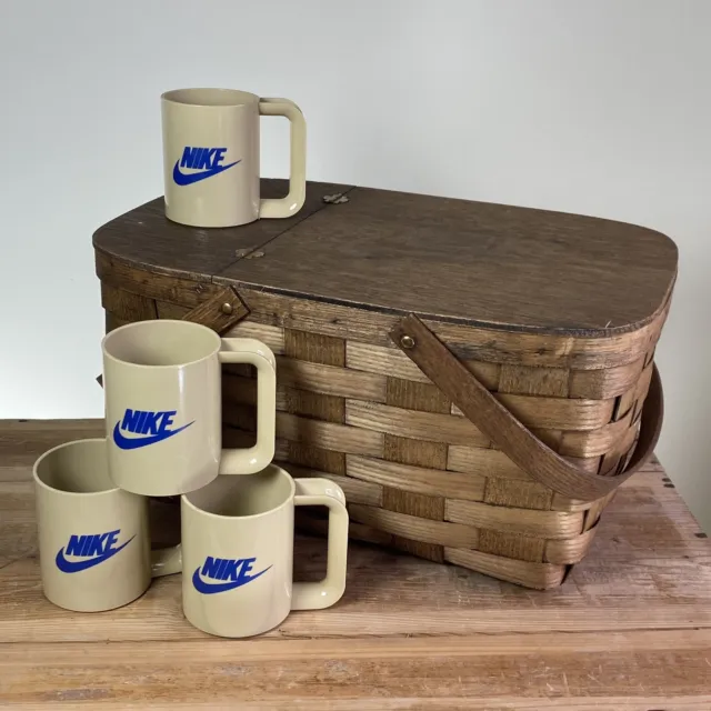 Vintage 80s Nike Employee Gift Tan Plastic Swoosh Mug Cup Set w Picnic Basket