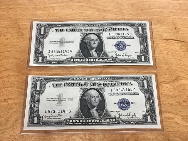 Lot Of 2 Dated 1935-D $1 Blue Seal Silver Certificates C.u. Consecutive Numbered