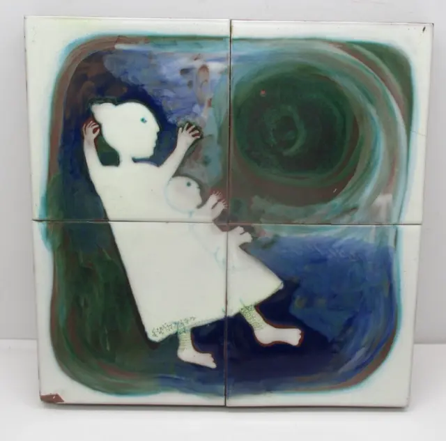 Vintage Handpainted 4 Piece Tile Mother and Child Getting Sucked into Blackhole