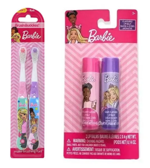New 2pc Barbie Brush Buddies Toothbrushes. Cotton Candy/Grape Flavored Lip Balm