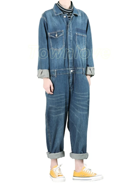 Men's Denim Loose Fit Cowboy Overall Jumpsuit – Ripped & Dark Wash, Size 2XL