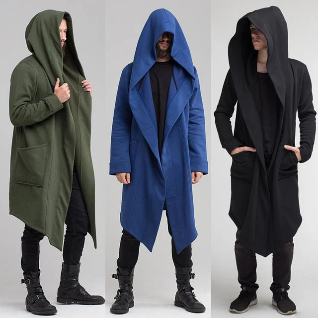 Mens Solid Hoodie Long Jacket Cardigan Casual Trench Cloak Cape Coat Outwear