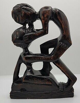 "Couple In Love Kissing" Art Statue: A Vintage, Handmade, African-Wood Carving