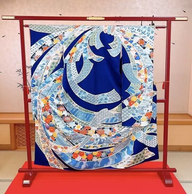 Japanese Kimono “Furisode” Pure Silk/Blue/chrysanthemum/Peony/Ribbon design