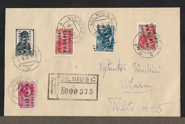 Wwii Lithuania German Occupation Vilnius Registered Ovpt Stamps On Cover 1941