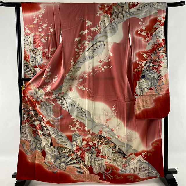 Japanese Silk Kimono Vintage Furisode Gold Long Sleeves Car Genji Kou Pink 65"