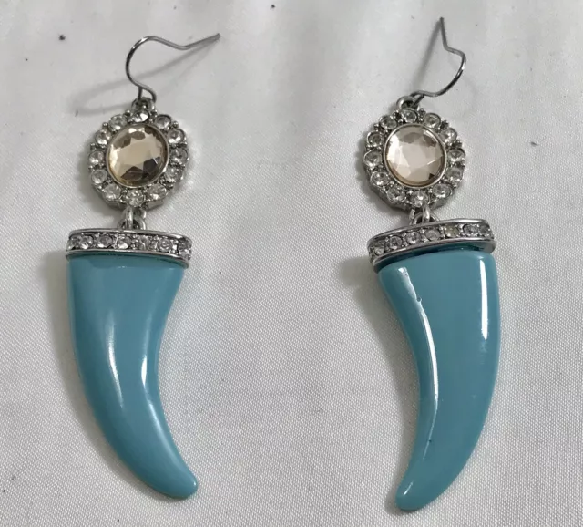 blue horn shaped rhinestone drop dangle earrings 3” Tribal Boho