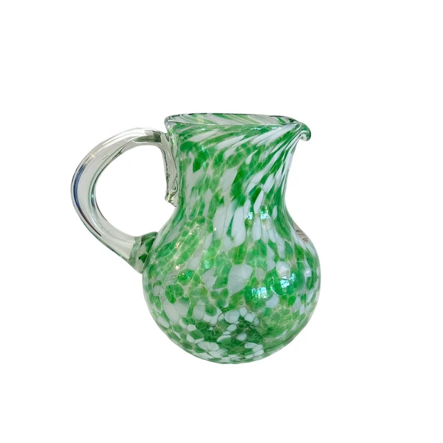 Amici Geen White Splatter Confetti Blown Glass Pitcher Applied Handle Mexico