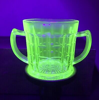 Vintage Green Vaseline Uranium Glass Sugar Bowl Two Handles 12 Sided Paneled