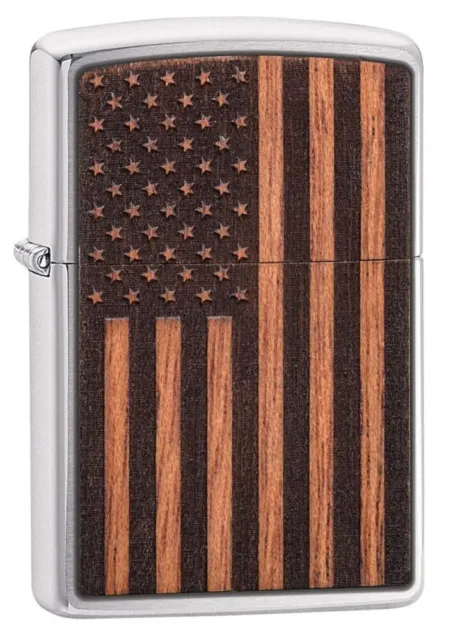 Zippo 29966, Woodchuck American Flag, Mahogany Emblem, Street Chrome Lighter