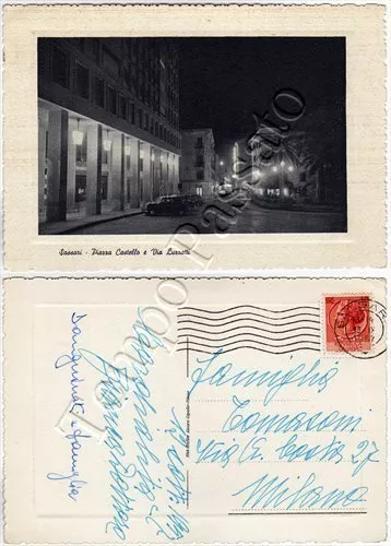 Cartolina di Sassari, automobili in piazza Castello (notturno) - 1957
