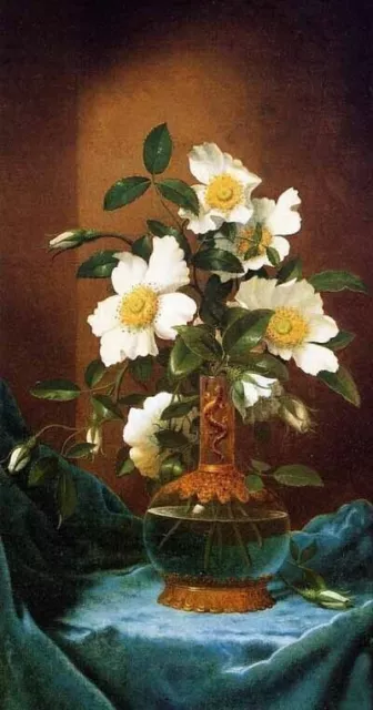 OIL MARTIN JOHNSON Heade - White Cherokee Roses in a Salamander Vase ...