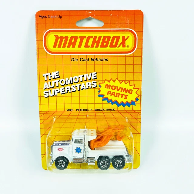 1987 MATCHBOX MB 61 White Peterbilt 'POLICE' Wreck Truck on Sealed Card - MINT